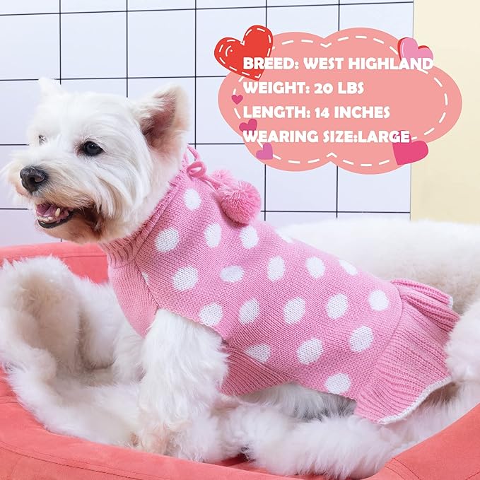 KYEESE Valentines Dog Sweater Dress, Warm Dog Sweaters for Small Dogs Girl Cats Dogs Clothes, Pullover Cozy Knit Pet Apparel with Leash Hole, Pink Dot, XS
