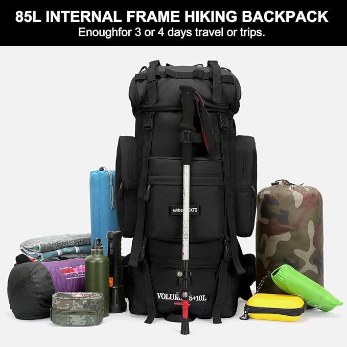IX INOXTO 85L Lightweight Internal Frame Hiking Backpack for Men Women, Waterproof Travel Camping Backpack with Rain Cover (Black)