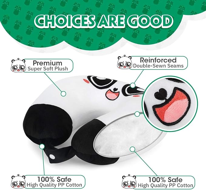 H HOMEWINS Travel Pillow for Kids,Cute Animal Neck Pillow for Boys Girls,Soft Neck Head Chin Support Pillow,Travel Accessories for Airplane, Car, Train,Recline (Big Eyes Panda)