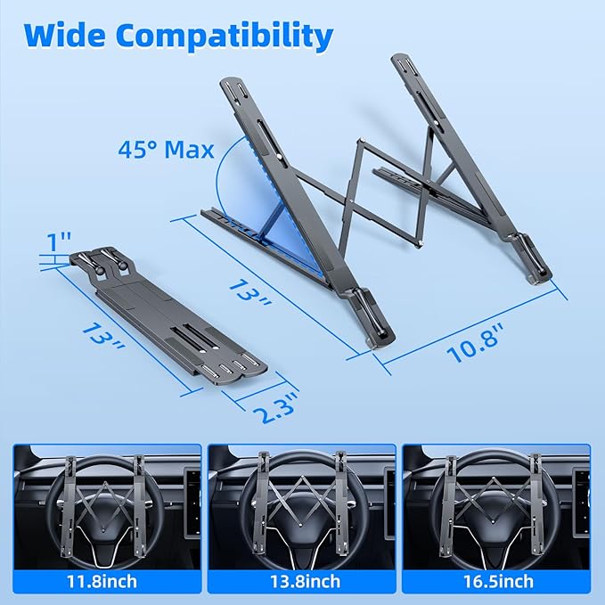 Fumcsy Angle Adjustable Car Steering Wheel Laptop Holder,Foldable Laptop Stand for car,Metal Car Laptop Riser | Car Reading Stand | Car Tablet Holder, Multipurpose Travel Car Accessories (Gray)