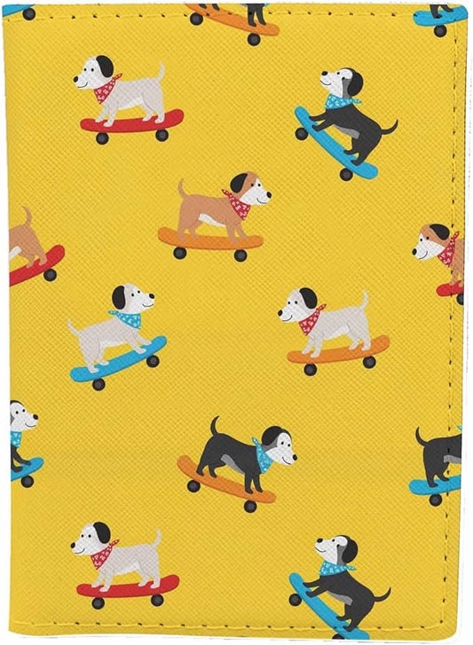 Skateboard Dogs Passport Holder for Travel Different Dogs Wearing Scarves PU Leather Passport Cover Wallet Cute Passport Card Holder for Women and Men