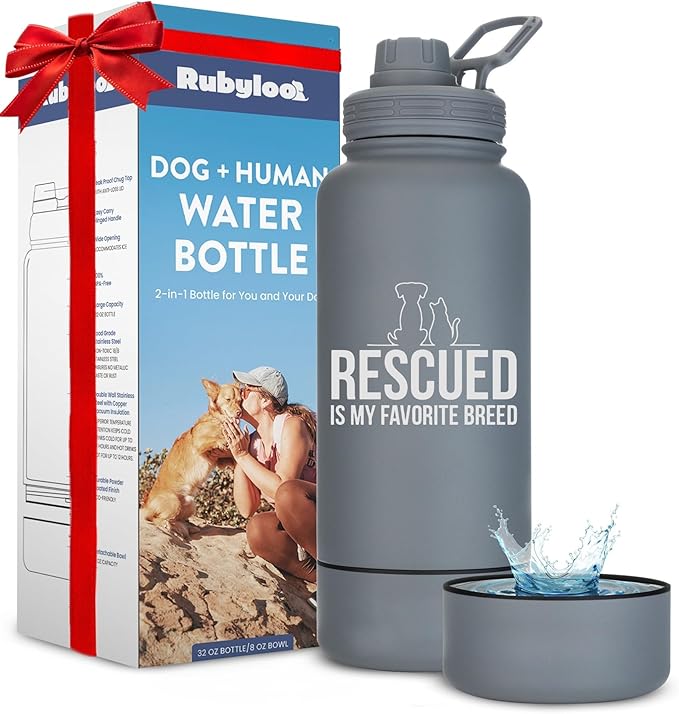 Rescue Dog Lover Water Bottle – 32 oz Stainless Steel Double Wall Insulated with 8 oz Detachable Bowl – Animal Rescue Gifts for Dog or Cat Lovers – “Rescued is My Favorite Breed” – Smoky Grey