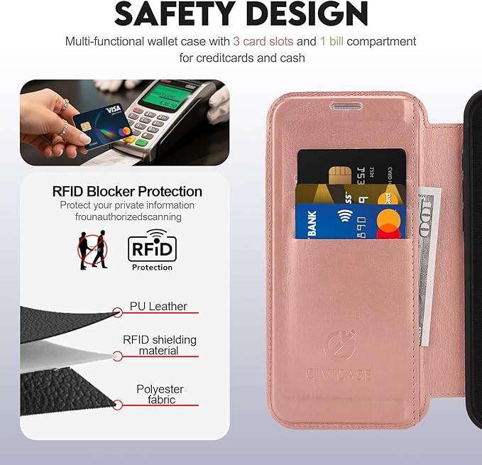 CIVICASE for iPhone 16 Pro Wallet Case with Stand,PU Leather Flip Credit Card Holder Slots (RFID Blocking),Compatible with Magsafe Magnetic Holder Phone Cover Women Men,Rose Gold