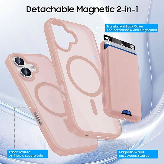 Ntwinro Magnetic for iPhone 17 Case (Compatible with MagSafe) with Detachable Wallet & Card Holder for 3 Cards [RFID Blocking] Military Grade Protective Slim Phone Cover, Pink