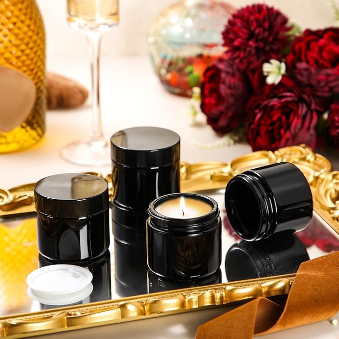 Domensi 48 Pcs 2 oz Glass Jars with Lids Travel Size Round Leakproof Empty Cosmetic Jars with Inner Liners Lid for Storing Makeup Lotions Face Cream Ointments Candle DIY Making (Black)