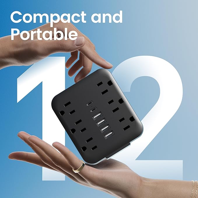 Multi Plug Wall Outlet Extender with USB Ports: 6 AC Outlets, 6 USB Ports (2 USB C), Wall Plug Power Strip, USB Plug Adapter for Wall Outlet, Outlet Splitter for Home Office Travel Cruise, Black