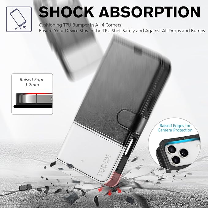 TUCCH Wallet Case for iPhone 17 Pro Max (6.9") 2025, 4 Card Holders, RFID Blocking, Stand, Shockproof TPU Shell, PU Leather, Magnetic Closure, Protective Flip Folio Cover, Black & White