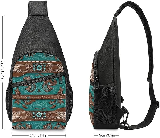 SWEET TANG Unisex Unique Chest Bag Gym Sack Fashion Sling Shoulder Backpack Outdoor Sports Daypack Rustic Brown Teal Western Country Tooled Leather, Multipurpose Adjustable Bag for Daily Use