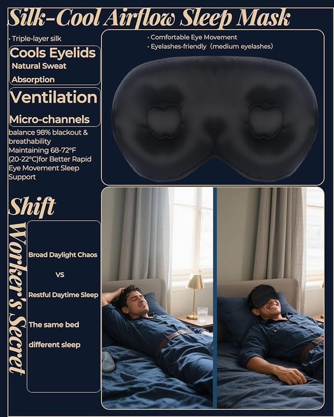 3D Silk Sleep Mask, Eye Pillow for Insomnia Relief (Black, Deluxe-Gift-Box Edition)