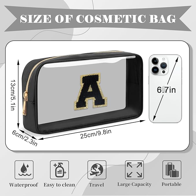 Personalized Initial Letter Clear Makeup Bag,Preppy Small Nylon&PVC Cosmetic Zipper Bag with Chenille Letter,Travel Skincare Toiletry Bag,Monogram Christmas Gift for Teen Girls Women,A