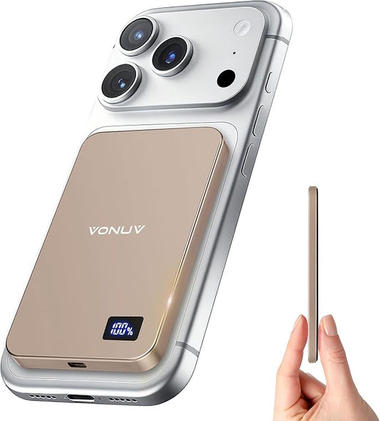 Magnetic Portable Charger 5000mAh, 15W Ultra Slim Wireless Portable Charger, Fast Charging for iPhone 16/15/14/13/12 Pro/Pro Max/Plus, Metal Shell, USB-C Cable to Charge Other Phones (Gold)