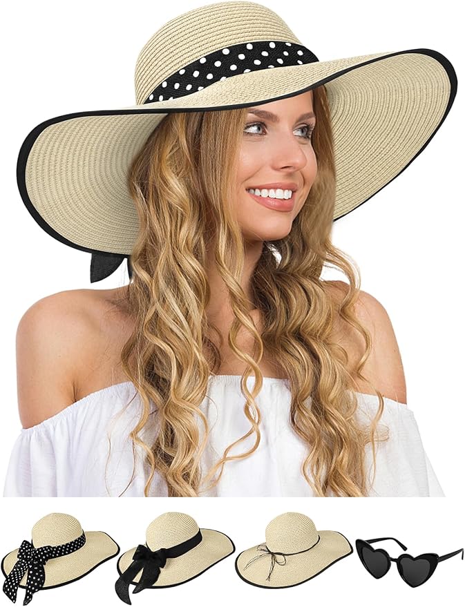 Senker Fashion Sun Hats for Women, Wide Brim Floppy Beach Straw Hat for Summer Travel Vacation Foldable with Sunglasses