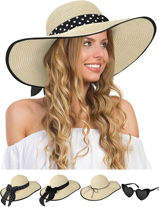 Senker Fashion Sun Hats for Women, Wide Brim Floppy Beach Straw Hat for Summer Travel Vacation Foldable with Sunglasses