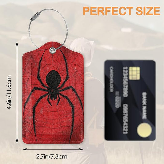 Red Web Spider 3 PCS Luggage Tags, Black Hanging Spider Leather Suitcase Tags with Privacy Cover Name Address Labels and Durable Steel Loop for Men/Women Travel Bag Suitcases