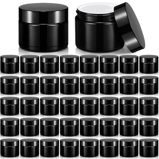 Domensi 32 Pcs 2 oz Glass Jars with Lids Travel Size Round Leakproof Empty Cosmetic Jars with Inner Liners Lid for Storing Makeup Lotions Face Cream Ointments Candle DIY Making (Black)