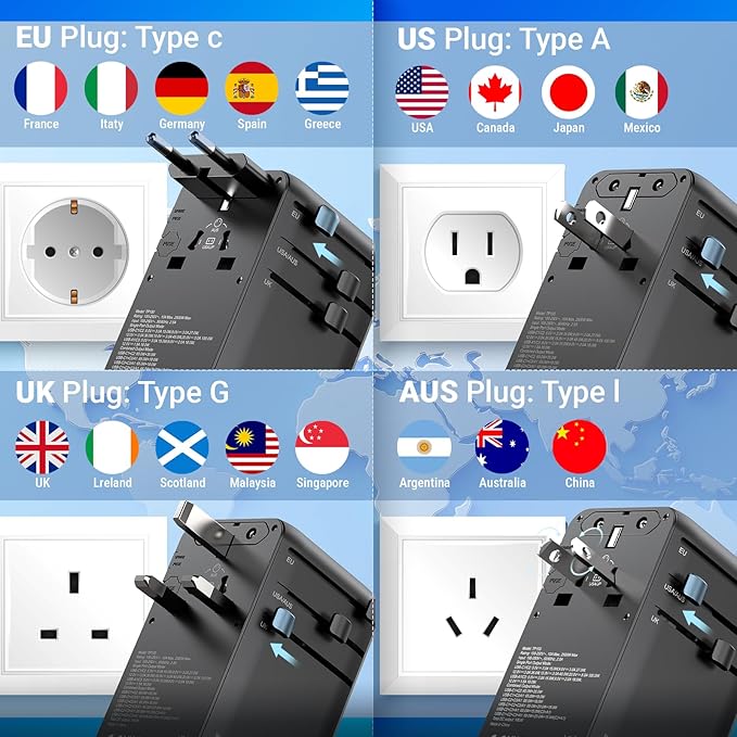 MINIX 100W Universal Travel Adapter with Retractable USB C Cable,GaN III International Power Adapter, Type-C*3 USB-A*1 Ports, AC Outlet, Worldwide Travel Charger for Laptops Tablets Phones Cameras