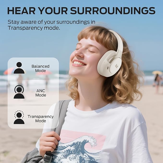 Monster Persona 5th ANC-Wireless Bluetooth Over-Ear Headphones with Microphone, 70H Playtime, Bluetooth 6.0, Comfortable and Foldable Design (Beige)
