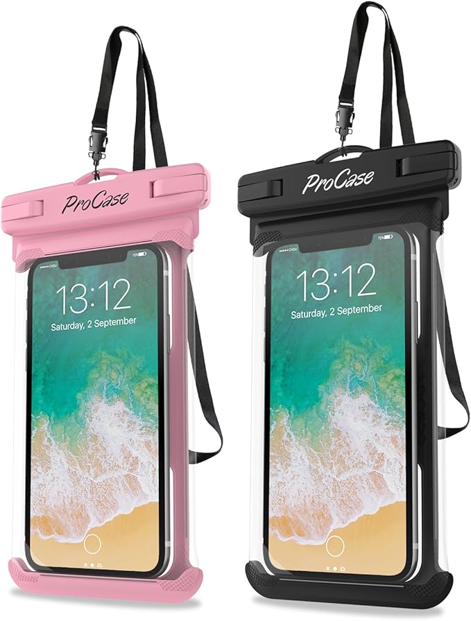 ProCase 2 Pack Waterproof Phone Pouch, Underwater Phone Case Up to 7", Dry Bag for iPhone 17 Air 16 15 14 13 Pro Plus Max, Galaxy S24 S23 S22 Ultra Pixel, Beach Essentials -Pink & Black
