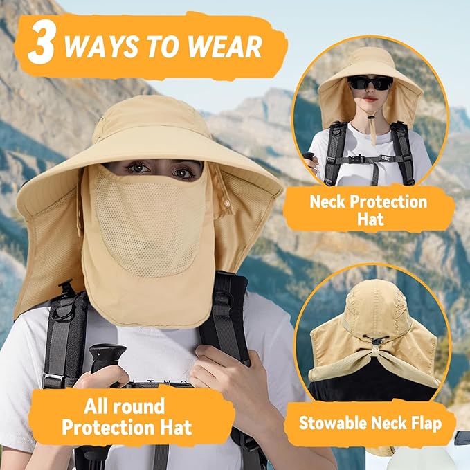 Sun Hats for Men Women Detachable Face Cover Wide Brim Fishing Hats with Neck Flap UPF 50+ Outdoor Safari Hats