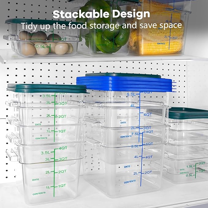 TSUBOR 4 Pack Food Storage Containers with Blue Lids, 8.0 Qt - Square, Clear, Polycarbonate, for Restaurant Commercial Kitchen and Home party
