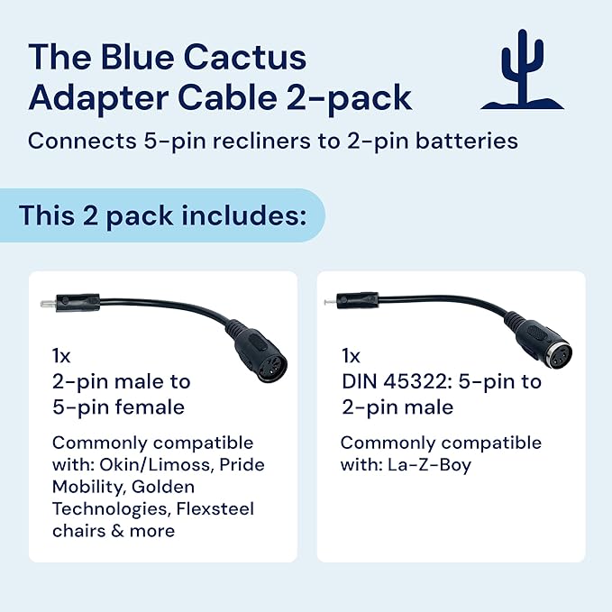 Blue Cactus Adapter Cables for Recliner Battery Pack - Adapts Your Battery to Your Recliner - 1pc 2-pin Male to 5-pin Female - 1pc DIN 45322: 5-pin to 2-pin Male, Compatible with La-Z-Boy (2-pc, 6.9")