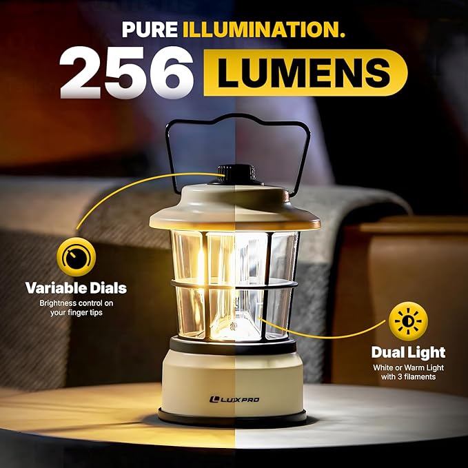 LUXPRO Retro LED Lantern - Battery-Powered Emergency Lantern - Water Resistant - Bright LED Lamp for Indoor & Outdoor Use - Use for Tents, Hiking or Hurricane Prep (Beige, Pack of 1)