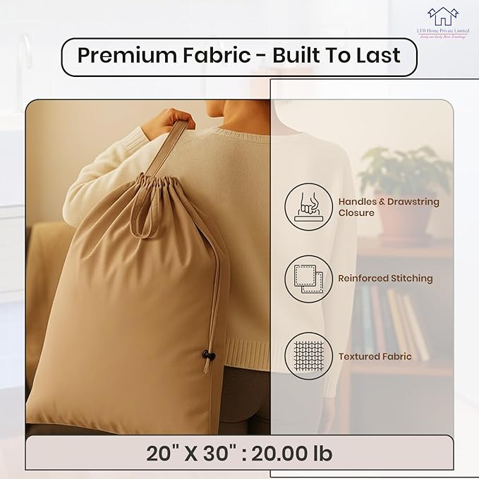 LFH Home Large Premium Cotton Canvas Laundry Bag with Drawstring and Handles Heavy Duty, Multi-Use, and Washable for Home, Travel, College or Storage 20x30 (Pack of 2)-Beige
