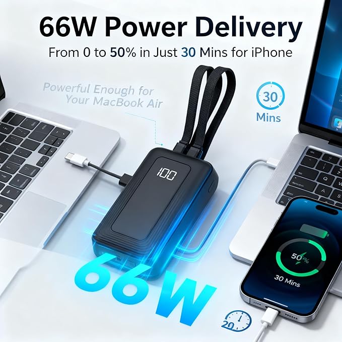 Portable Charger 10000mAh Power Bank with 4-Port Fast Charging, Built-in Type-C & Lightning High-Speed Cables, LED Display for iPhone 16/15/14/13 Pro Max & for Samsung S25/S24.