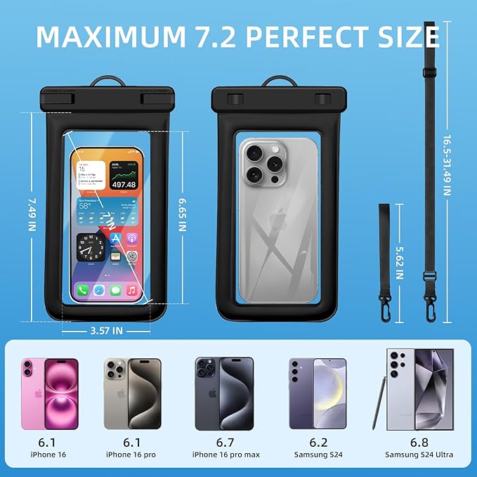 IPX8 Floating Waterproof Dry Bag 2-Pack, 7.2 Inch Waterproof Phone Pouch for iPhone 16/15/14 Pro Max Galaxy S24/S23 Adjustable Lanyard + Wrist Strap Beach Swimming Travel Essentials Black