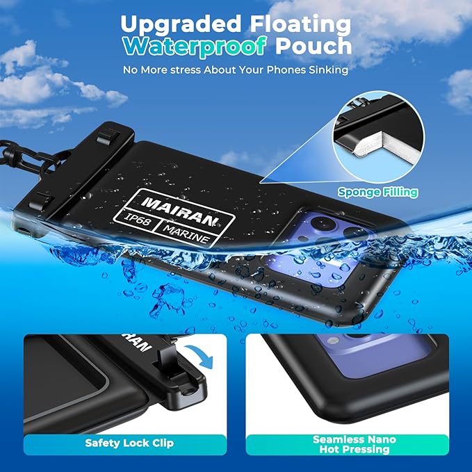 MAIRAN Floating Waterproof Phone Pouch 2Pack, Floatable IPX8 Waterproof Phone Case 8.0" for iPhone 16 15 Pro Max Samsung S25,Cellphone Dry Bags for Vacation Beach Pool Kayak Cruise Travel Essentials