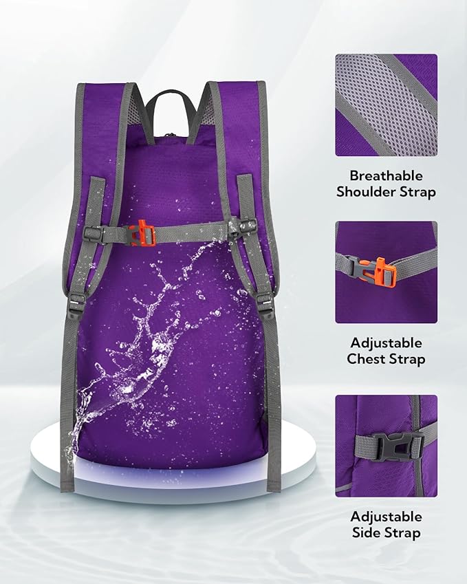 WATERFLY Hiking Packable Daypack Backpack: 35L Ultra Lightweight Day Pack for Woman Man - Large Compact Folding Back Pack for Outdoor Sport Cycling Camping Travel Trip - Purple