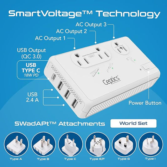 Ceptics 2000W Travel Voltage Converter for Hair Dryer & 200W Convert 220V to 110V for Curling Iron, Straightener, Chargers, Step Down World Power 4 USB Charging QC 3.0 SWadApt Type A, B, C, E/F, G, I