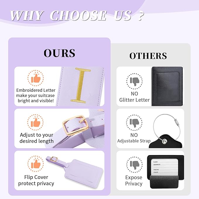Personalized Initial Luggage Tags for Suitcase, Purple Leather Cute Luggage Tags with Privacy Cover Name Card, Embroidered Custom Monogrammed Luggage Tag Travel Backpack Tags Gifts for Women Kids(I)