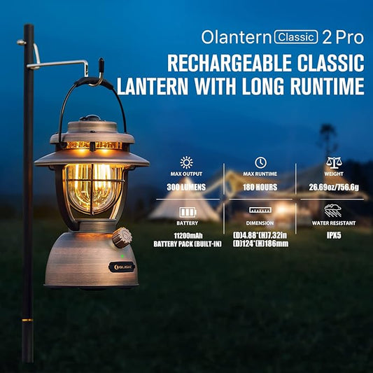 OLIGHT Olantern Classic 2 Pro Camping Lantern, 300 Lumens LED Rechargeable Lamp Flashlight with Dual Light Sources for Hurricane, Emergency, Hiking, Power Outages, Home Decor (Vintage Copper)