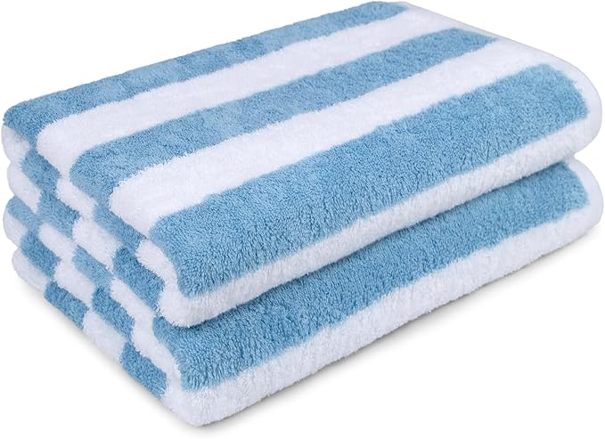 Amazon Basics Sky Blue Cabana Stripe Pool & Beach Towel, 100% Cotton, Soft & Absorbent, Machine Washable, Quick Dry, Large, 2 Pack, Sky Blue, 30" x 60"