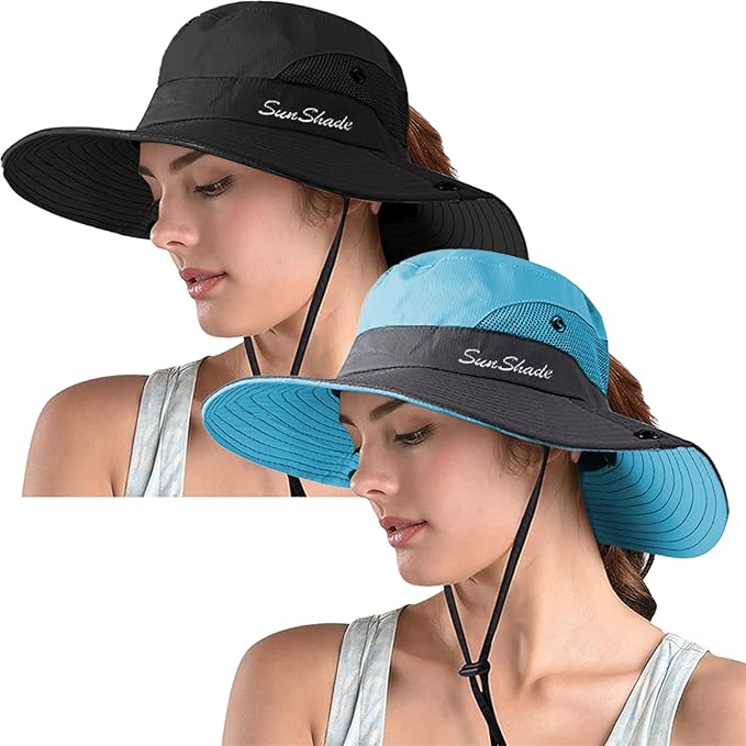 ZOORON Women's Ponytail Safari Sun Hat,Wide Brim UV Protection Outdoor Bucket Hat,Foldable Beach Summer Fishing Hat