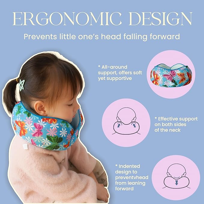 SKYTRAX® Certified Kids Safe Memory Foam Travel Neck Pillow for Kids and Toddlers, Cute Cartoon Design, Car Seat & Airplane Head Neck Support, Adjustable Snap Button, Washable Soft Cover (Butterfly)