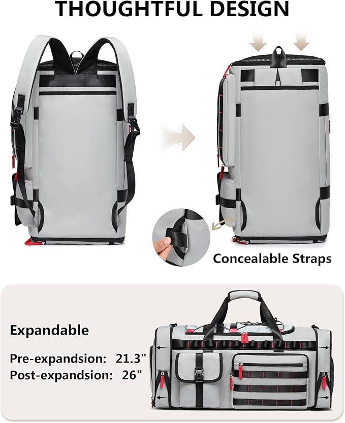 MCBD Gym Bags for Men & Women, 45L Travel Duffle Sports Backpack with Shoes & Laptop Compartment, Large Workout Carry On Bag Weekender Overnight Tote, Grey