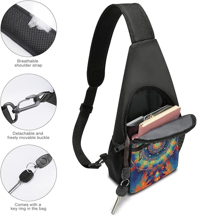 SWEET TANG Sling Bag for Men Women, Comfortable Crossbody Backpack, Trippy Tie Dye Mandala Colorful, Anti Theft Sling Shoulder Chest Bag Daypack, Fashion Travel Gym Sack Rucksack