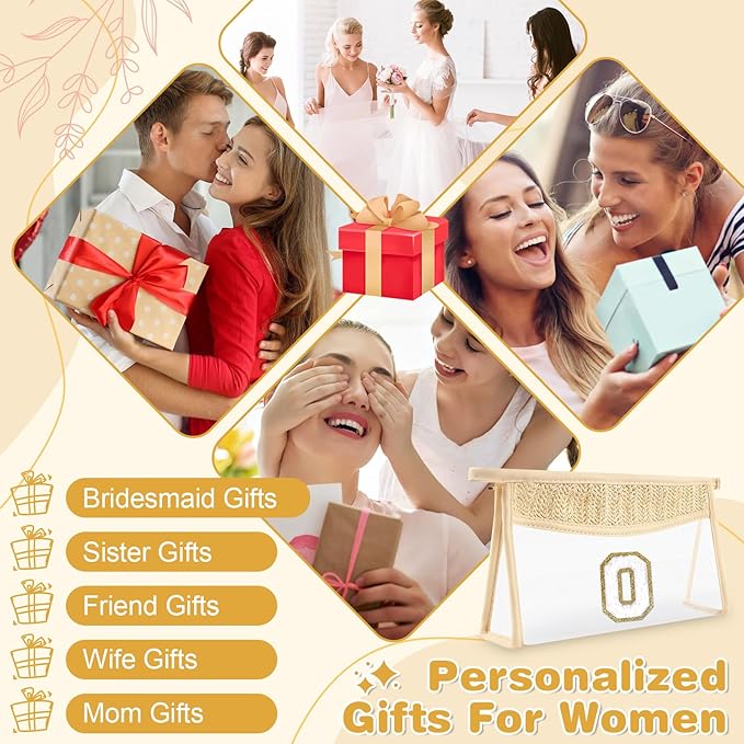 Personalized Initial Letter Bag Boho Straw Clear Makeup Bag,Small Cute Chenille Varsity Letter Pouch With Zipper,Beach Travel Toiletry,Portable Monogrammed Cosmetic Bag for Women Girls,O