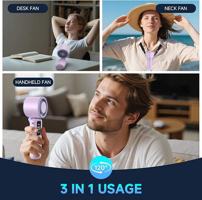 Guirngou Portable Handheld Turbo Fan, 1-100 Gear Wind, Battery Operated, Up to 23 Working Hours, 3 IN 1 Personal Fan with Air Turbo Tech, Cooling Essentials for Indoor/Outdoor(Purple)
