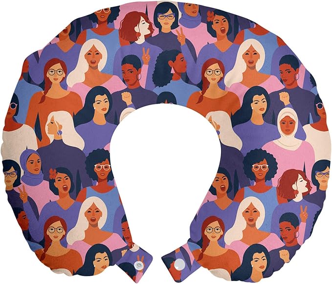Ambesonne Feminist Travel Pillow Neck Rest, Female of Diverse Ethnics or Backgrounds Assembled Together Empowerment, Memory Foam Traveling Accessory for Airplane and Car, 12", Purple