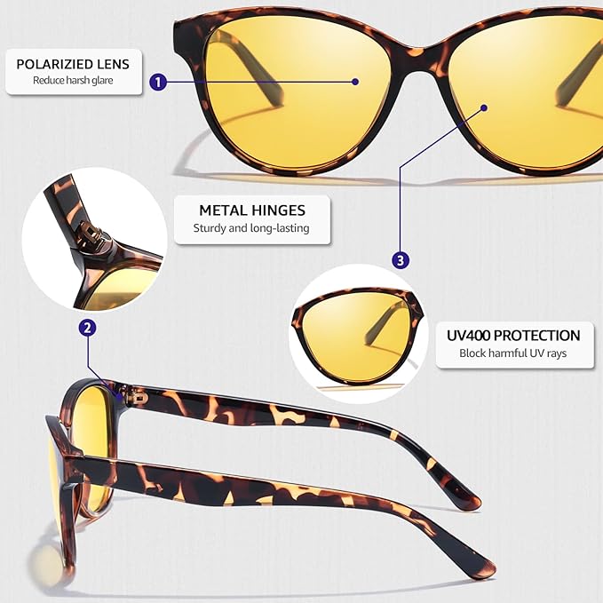 Myiaur Night Vision Driving Glasses for Women, Polarized Anti Glare Yellow Lens Glasses for Nighttime, UV400 Protection