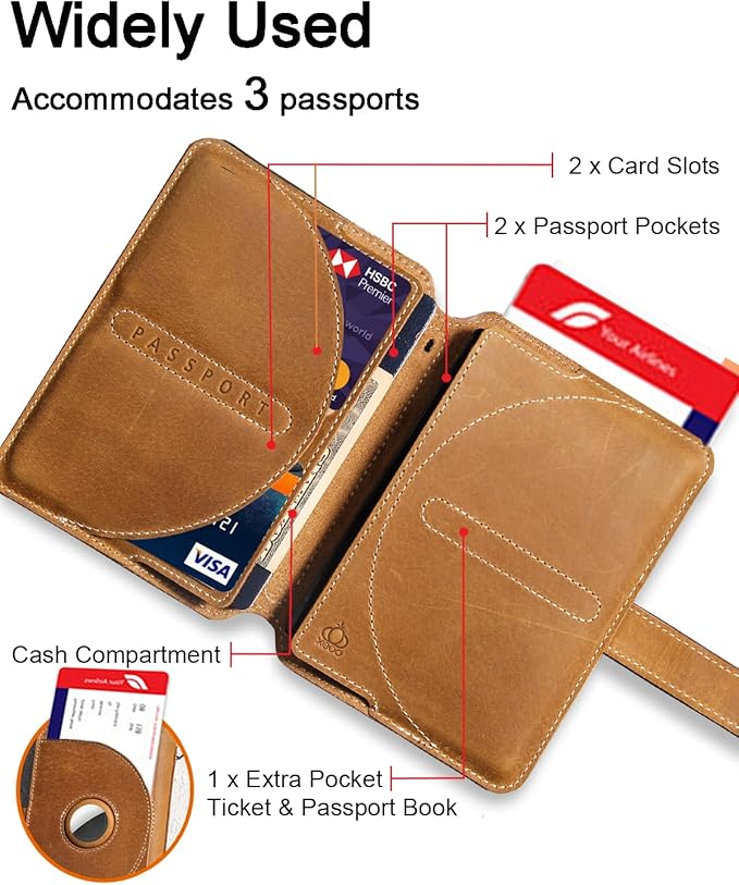 Leather Passport Holder for Travel with Airtag Slot, Passport Wallet for Men & Women,1-3 Passport Books,Passport Sleeves Travel Essential & Gift (Glod Brown, With AirTag Slot)