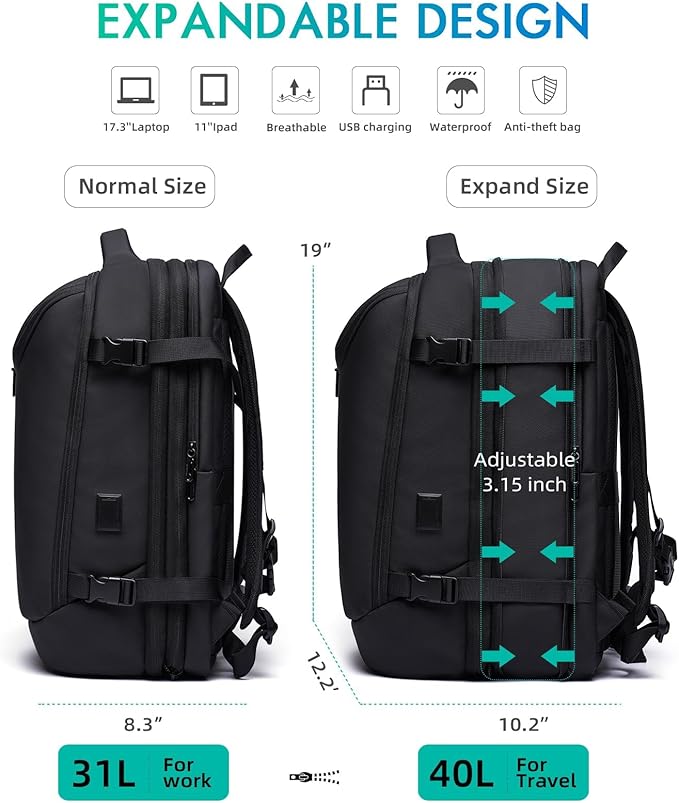 Carry on Backpack for Women Men 40L Flight Approved Travel Backpack Fit 17 Inch Laptop with USB Charging Expandable Business Weekender