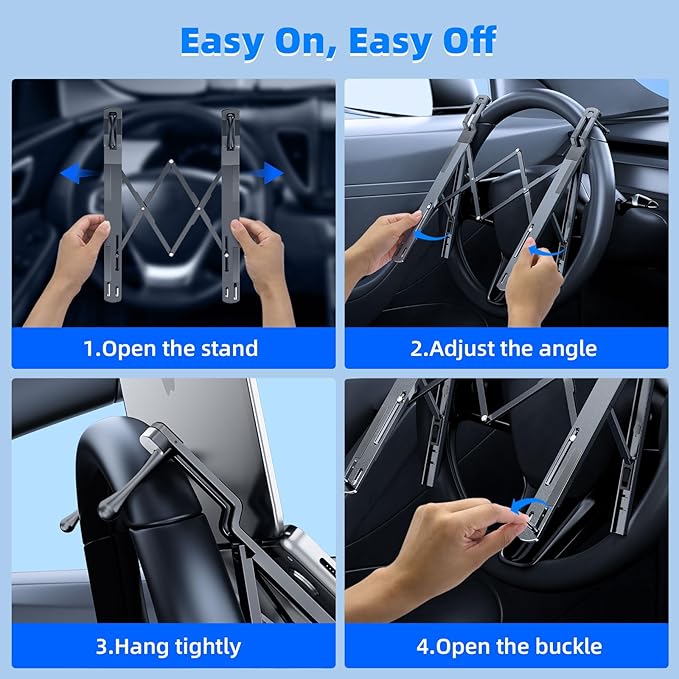 Fumcsy Angle Adjustable Car Steering Wheel Laptop Holder,Foldable Laptop Stand for car,Metal Car Laptop Riser | Car Reading Stand | Car Tablet Holder, Multipurpose Travel Car Accessories (Gray)