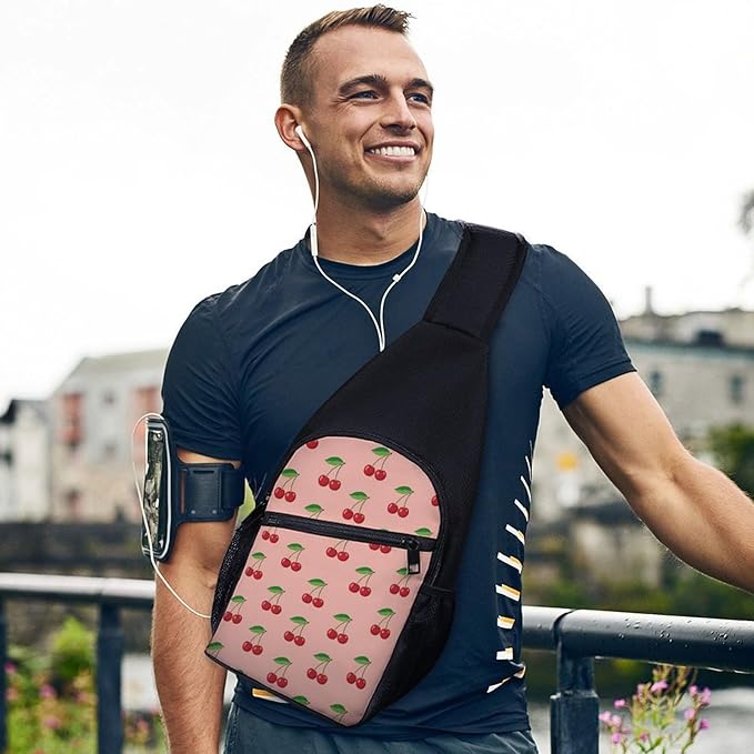SWEET TANG Cute Sling Shoulder Backpacks Pink Cherry Fruit Theme Cherries Bags Chest Sack, Anti Theft Crossbody Rucksack for Hiking Traveling Sports, Multipurpose Daypacks for Men Women