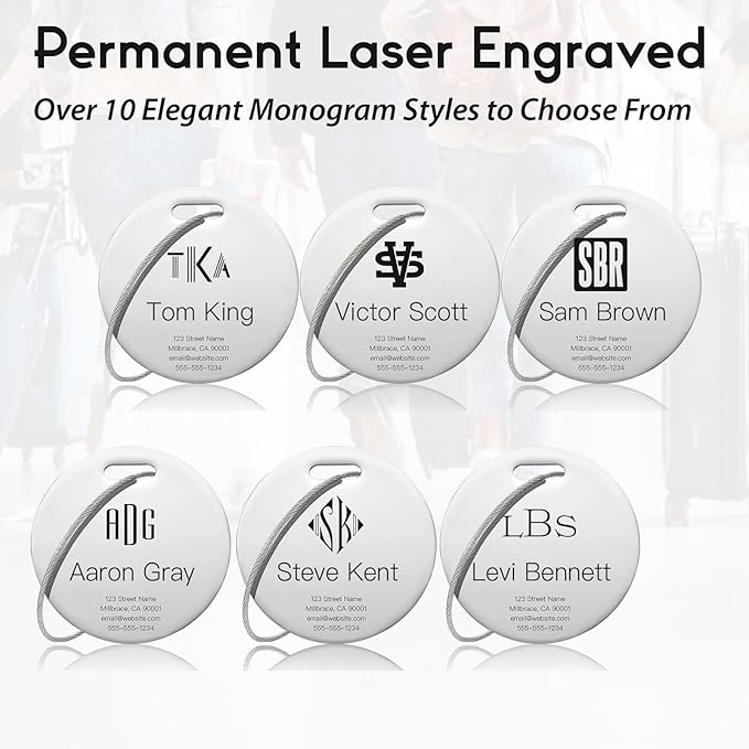 Personalized Luggage Tags for Suitcases - Stainless Steel Custom Luggage Tags for Backpacks & Bags, Sturdy, Waterproof & Heavy Duty (Silver/Round)