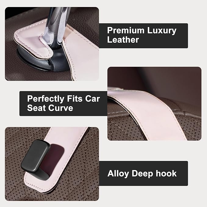 CoBak Headrest Hooks for Car - Universal Premium Stitched Leather and Aluminum-Magnesium Alloy Single Car Seat Back Storage Hook for Purses, Handbags, Bags (2 Pack),Pink