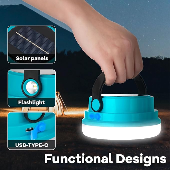 Solar Camping Lantern Rechargeable, 2-in-1 10000mAh Rechargeable Camping Light and Phone Charger for Hiking,Travel - Emergency Hanging Light for Hurricane, Power Outage, 200W, Blue